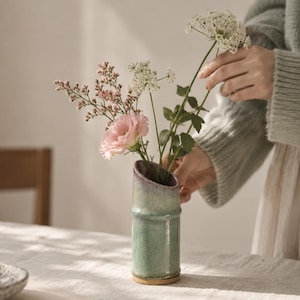 Turquoise Green Ceramic Vase, Tall Slim Flower Vase, Handmade Cylinder Bud Vase, Small Tabletop Decor, Unique Housewarming Gift