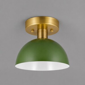 Modern Brass Flush Mount Ceiling Light - White & Green Shade