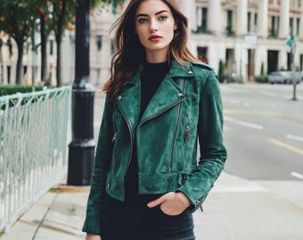 Women's Emerald Green Suede Leather Moto Jacket | Handmade Vintage Style Fall Fashion Outerwear | Casual Retro Streetwear