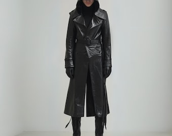 Handmade Men's Gothic Leather Trench Coat | Hooded Long Duster Jacket | Steampunk Vintage Leather Overcoat | Cyberpunk Assassin Winter Coat