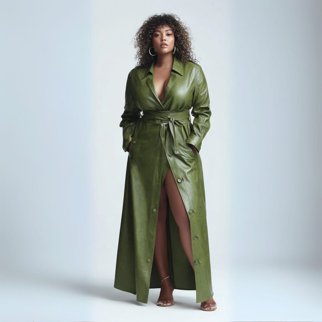 Womens Olive Green Sheepskin Leather Trench Coat – Double Breasted