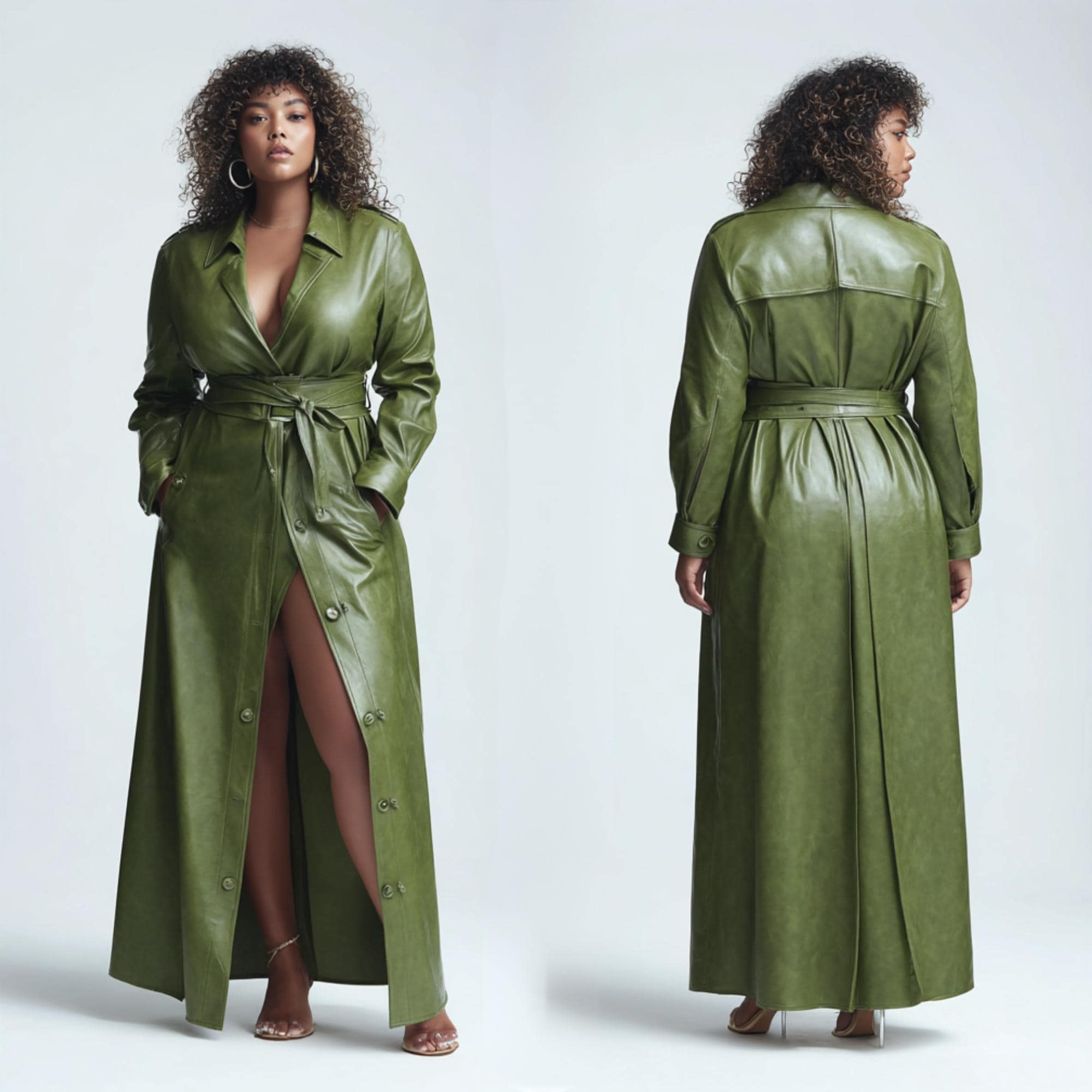 Womens Olive Green Sheepskin Leather Trench Coat – Double Breasted