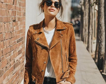 Women Brown Suede Leather Moto Jacket | Handmade Vintage Style Outerwear | Soft Genuine Suede | Fall Fashion Gift for Her | Retro Streetwear