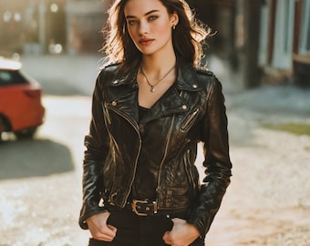 Women’s Black Real Lambskin Leather Biker Jacket | Slim Fit Moto Jacket | Vintage Motorcycle Jacket for Women | Handmade Streetwear Fashion