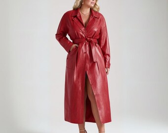 Handmade Women's Brown Leather Trench Coat | Solid Double Breasted