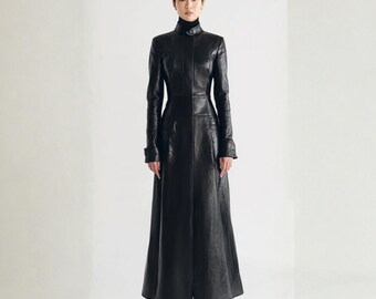 Langer Schwarzer Leder Trenchcoat Damen | Gothic Cyberpunk Maxi Mantel | Schmal geschnittene Darkwear Duster | Herbst Winter Mantel | Geschenk für Sie