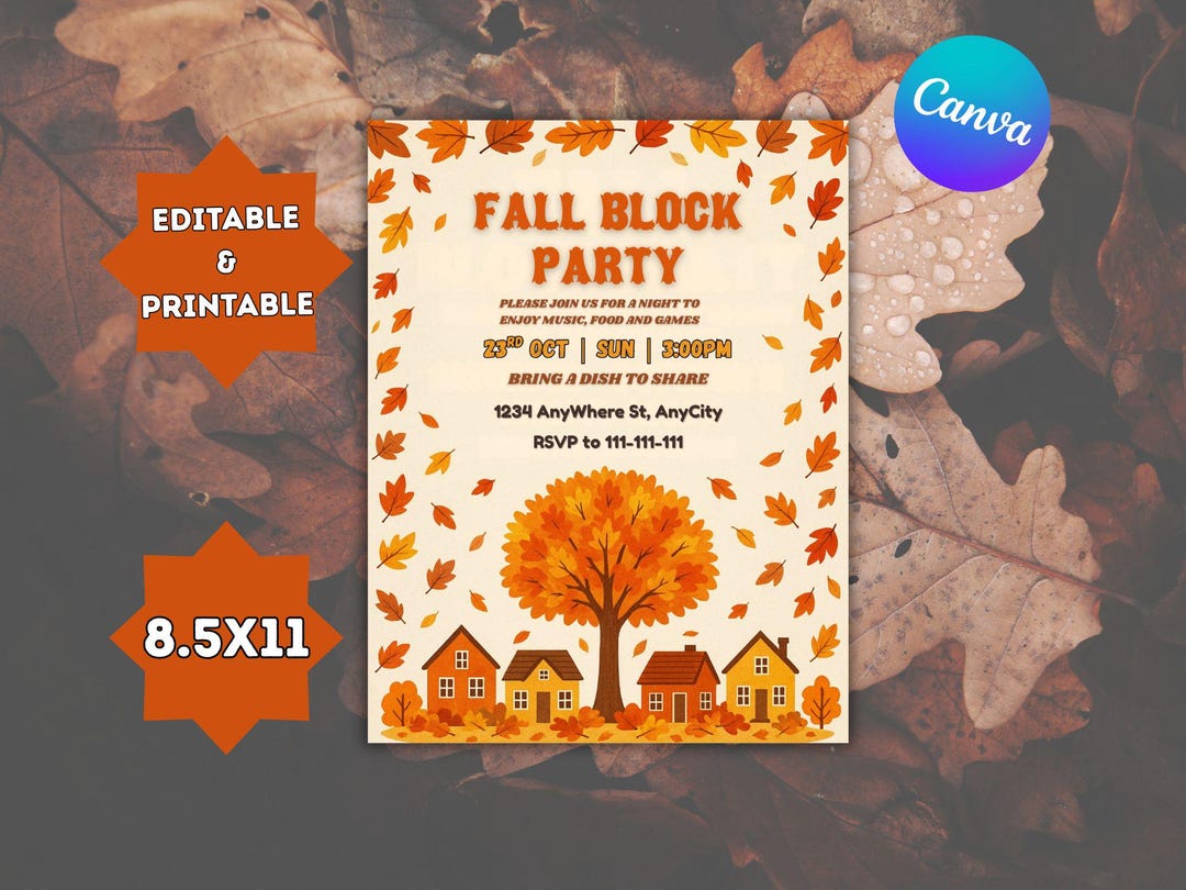 Fall Block Party Flyer Editable Template for Autumn Neighborhood Party ...