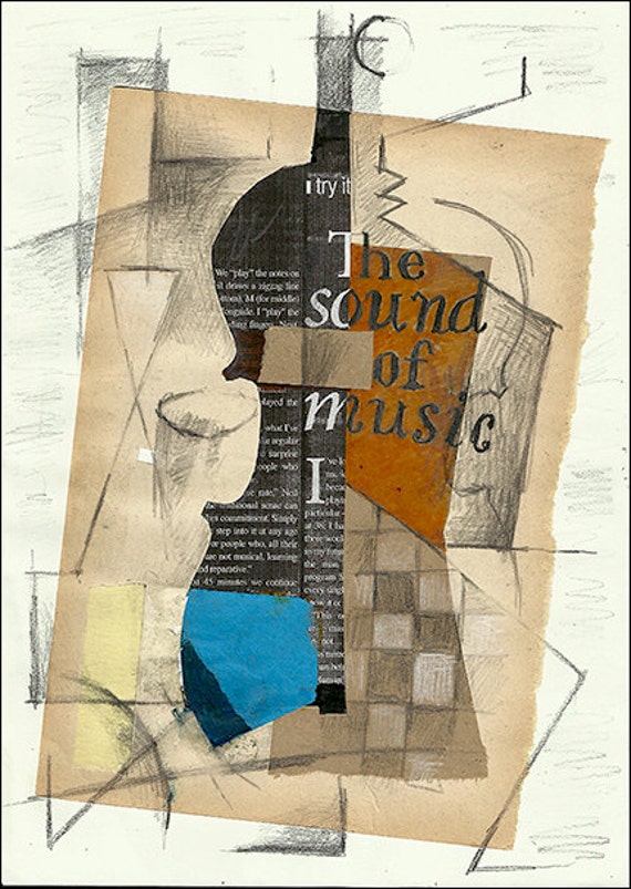 Items similar to PRINT Cubist Art Guitar Mixed media collage art By
