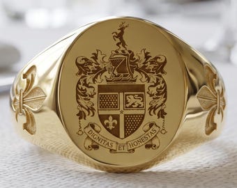 Anello con sigillo personalizzato con stemma di famiglia • Sigillo in oro e argento con stemma per uomo e donna • Anelli con sigillo personalizzati incisi