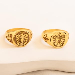 Puede incluir: Dos anillos de sello dorados con un diseño de escudo familiar. Cada anillo presenta un escudo detallado con el nombre "NOLAN" inscrito debajo. Los anillos se exhiben sobre una superficie blanca, mostrando su acabado pulido.
