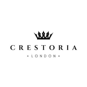 May include: A black logo on a white background featuring a stylized crown icon positioned above the text CRESTORIA in a serif font, with the word LONDON centered below in a smaller sans-serif font, flanked by two small four-pointed star symbols.