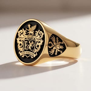Anpassad graverad signetring • Personlig graverad sköldring • Personligt vapensköld i massivt guld och sterlingsilver för kvinnor och män