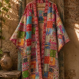 May include: A long-sleeved kimono-style robe featuring a vibrant patchwork design with various colorful geometric and floral patterns. The garment has a red patterned border along the front opening and is constructed with visible quilted stitching.