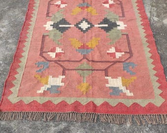 Handwoven Wool Jute Kilim Runner, Boho Geometric Stair Rug