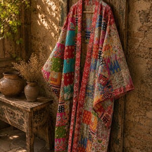 May include: A long, open-front robe featuring a vibrant patchwork design composed of various colorful fabric squares with intricate floral and geometric patterns. The garment has wide sleeves and a red patterned border along the front opening.