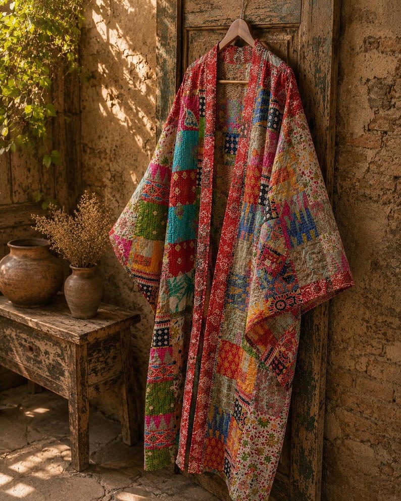 May include: A long, open-front robe featuring a vibrant patchwork design composed of various colorful fabric squares with intricate floral and geometric patterns. The garment has wide sleeves and a red patterned border along the front opening.