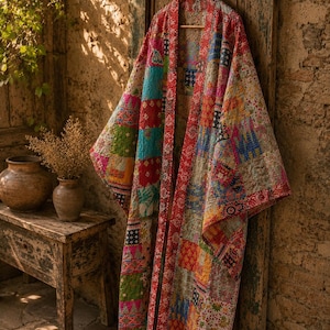 May include: A long, open-front kimono robe crafted from a patchwork of quilted fabric squares. The garment features a vibrant array of colors including red, blue, green, and yellow, with intricate floral and geometric patterns throughout.