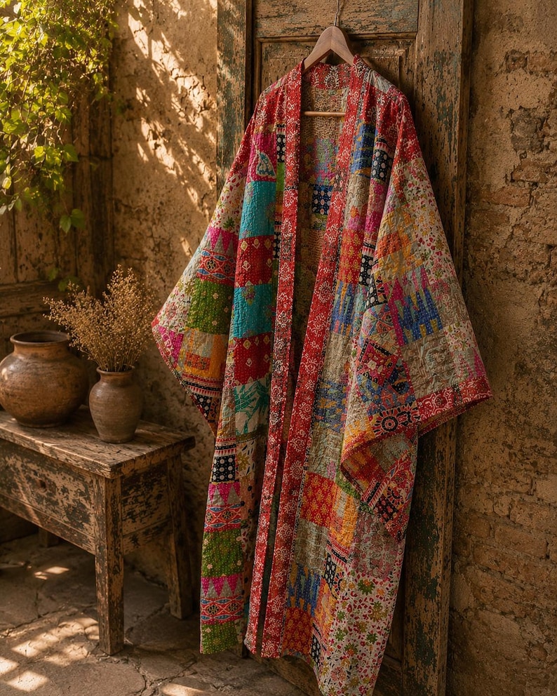 May include: A long, open-front kimono robe crafted from a patchwork of quilted fabric squares. The garment features a vibrant array of colors including red, blue, green, and yellow, with intricate floral and geometric patterns throughout.