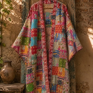 May include: A long-sleeved kimono-style robe featuring a vibrant patchwork design with various colorful fabric squares in shades of red, blue, green, yellow, and pink. The garment has a quilted texture and a wide red patterned border along the front.