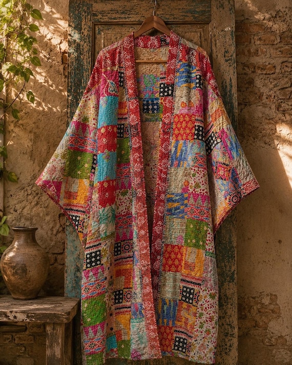 Handmade Kantha Patchwork Kimono Robe, Vintage Cotton Boho Jacket, Indian Quilt Cardigan, Festival Wear, Sustainable Gift for Women