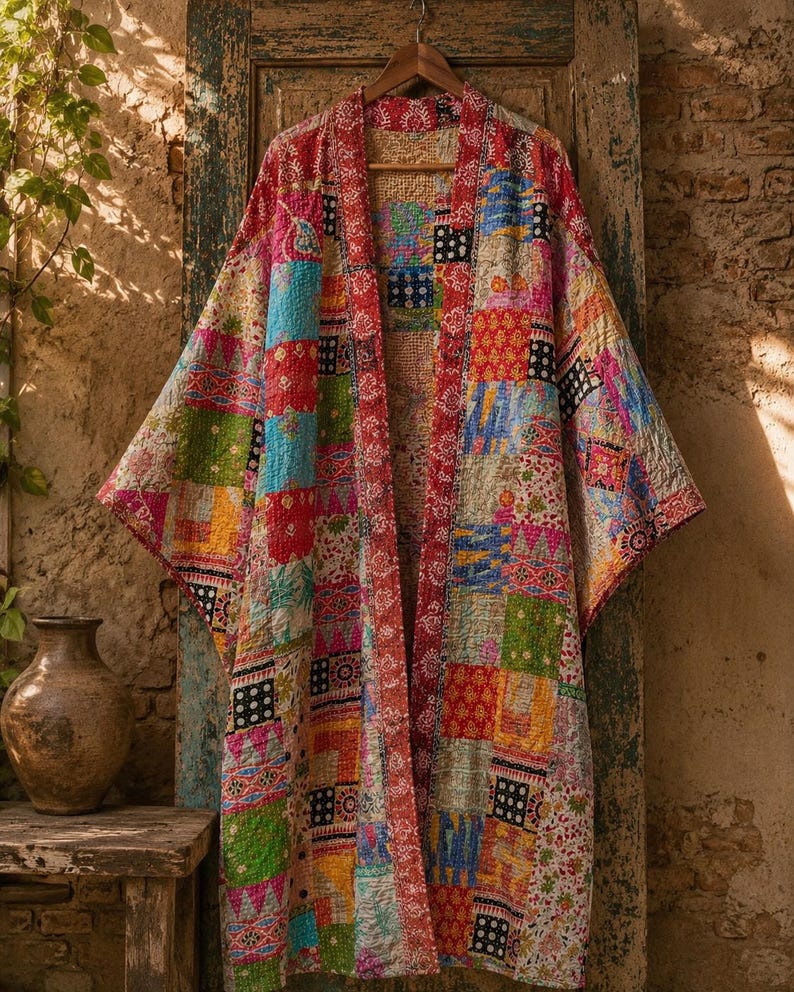 May include: A long-sleeved kimono-style robe featuring a vibrant patchwork design with various colorful fabric squares in shades of red, blue, green, yellow, and pink. The garment has a quilted texture and a wide red patterned border along the front.