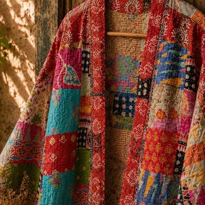 May include: A long-sleeved kimono-style jacket featuring a vibrant patchwork design made of various colorful fabric squares. The garment displays intricate patterns in shades of red, blue, yellow, and green, with visible kantha-style stitching.
