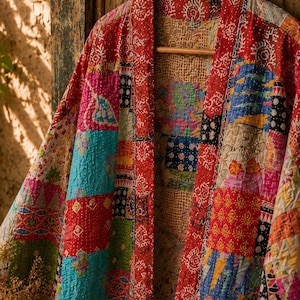 Handmade Kantha Patchwork Kimono Robe, Vintage Cotton Boho Jacket, Indian Quilt Cardigan, Festival Wear, Sustainable Gift for Women image 4