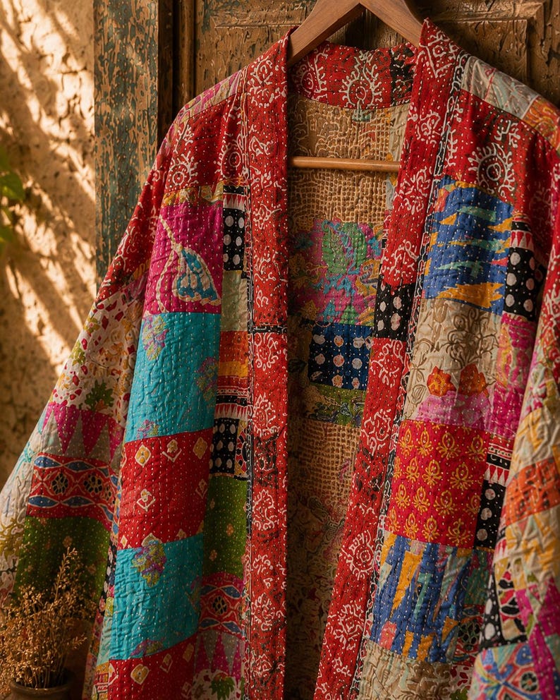 Handmade Kantha Patchwork Kimono Robe, Vintage Cotton Boho Jacket, Indian Quilt Cardigan, Festival Wear, Sustainable Gift for Women image 4