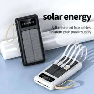 May include: Black and white solar-powered power banks with attached charging cables. The text "solar energy" is displayed above the power banks. The power banks have a digital display showing the battery level. The power banks are designed to provide an uninterrupted power supply.