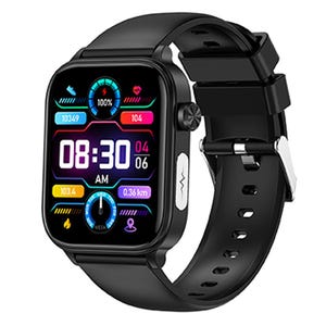Peut inclure: Une montre connectée noire avec un écran rectangulaire affichant une interface numérique indiquant l'heure 08:30 AM, la date 04/06, 100% de batterie, le nombre de pas, la fréquence cardiaque et la distance en km, avec un bracelet en silicone noir.
