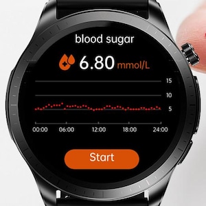 May include: Black smartwatch showing a blood sugar reading of 6.80 mmol/L. The screen displays a 24-hour blood sugar graph and a 'Start' button. The watch has a black strap and a circular face.