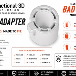 Puede incluir: Un adaptador de bebida cilíndrico blanco para portavasos de cortacéspedes Bad Boy. El gráfico muestra texto que incluye Functional-3D Solution, Drink Adapter y enumera la compatibilidad para latas delgadas, estándar y vasos.