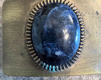 Large brass handmade belt buckle with lapis stone