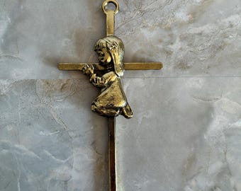 Praying Girl Brass Cross - Vintage 1980's