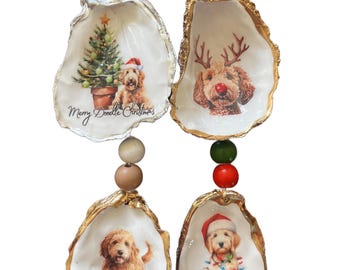 Oyster Shell Christmas Ornament, Decoupage, dog, Goldendoodle