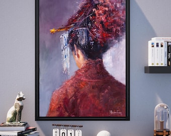 Red Kimono Canvas Print: Japanese Woman Portrait, Oriental Wall Art by Neliubin