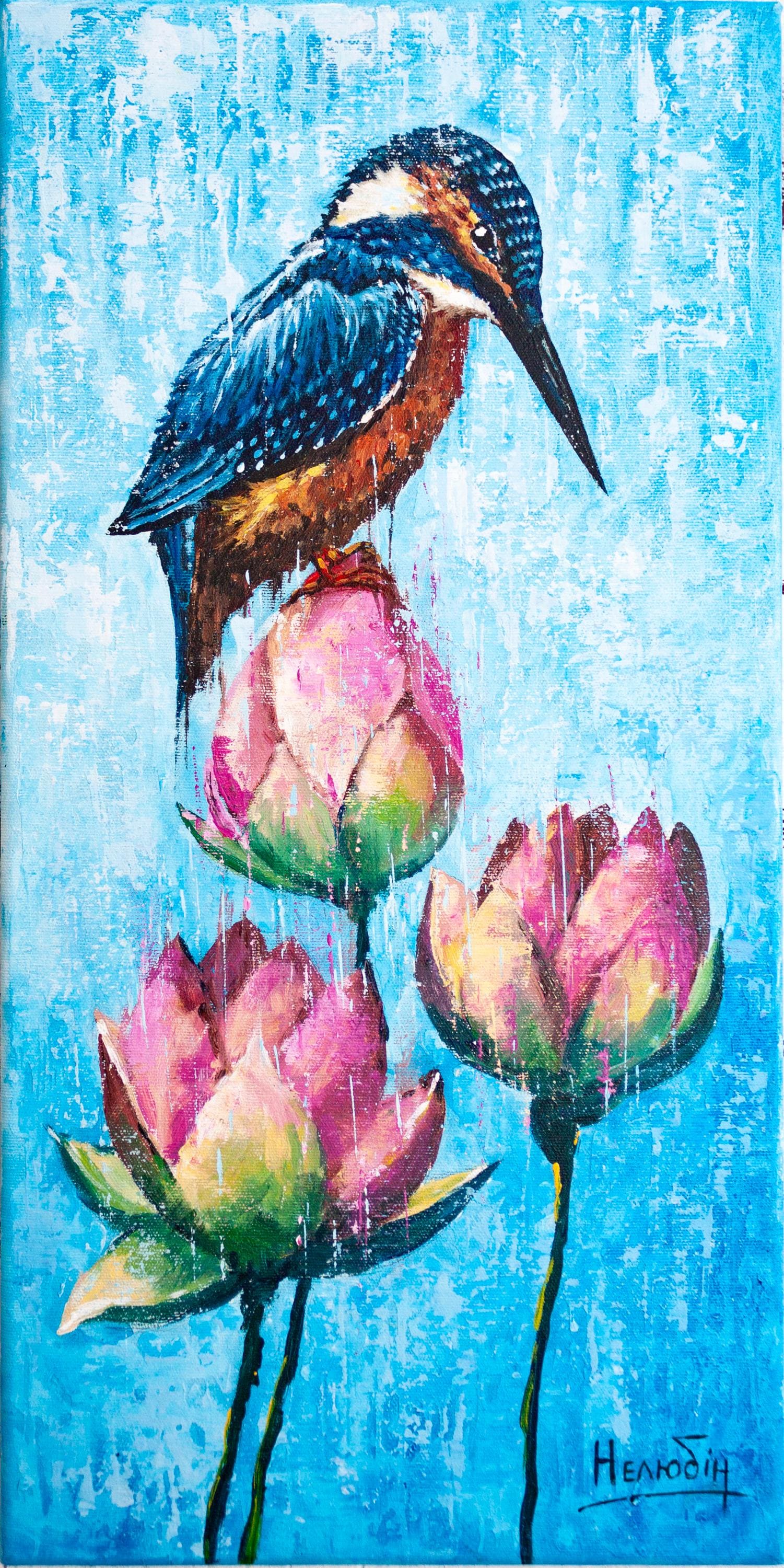 清流の碧い鳥カワセミ アクリル画アート 原画 【公式通販】
