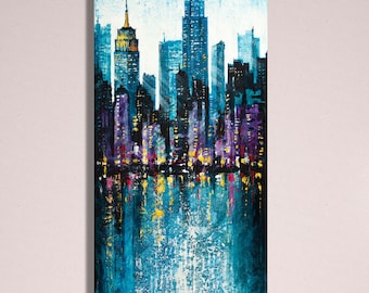 Pintura de paisaje urbano neoyorquino al atardecer: arte mural impresionista acrílico original