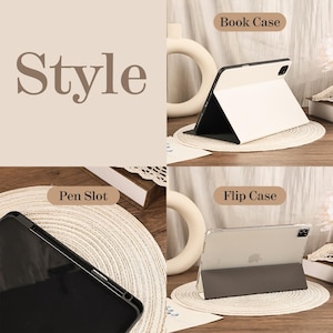 May include: A tablet case set featuring a white book case, a clear flip case, and a black frame with a dedicated pen slot. The text "Style", "Book Case", "Pen Slot", and "Flip Case" is visible across the composite image showing different angles.