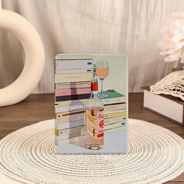 Funda para Kindle con temática de libros y vino: funda artística para Kindle Paperwhite/Oasis, funda protectora