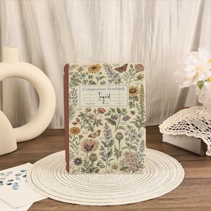 May include: A composition notebook with a cream-colored cover featuring a botanical print of various flowers, plants, and butterflies. The center label reads Composition Notebook, Ingrid, College Ruled, 100 Pages, 8.5" x 11". The spine is dark red.