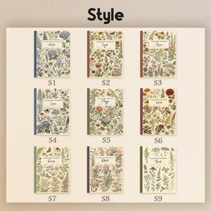 May include: A collection of nine composition notebooks arranged in a grid, each featuring a unique botanical illustration of flowers and butterflies on the cover. Each notebook includes a central white label with the text Composition Notebook.