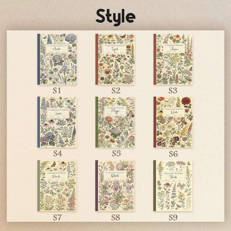 May include: A collection of nine composition notebooks arranged in a grid, each featuring a unique botanical illustration of flowers and butterflies on the cover. Each notebook includes a central white label with the text Composition Notebook.