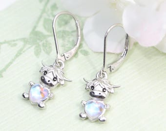 Highland Cow Opal Earrings 925 Sterling Silver Scottish Cow Dangle Earrings Cow Lover Gift Cute Farm Animal Jewelry