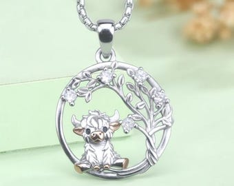 Handmade Cute Highland Cow and Tree Pendant,925 Sterling Silver with Rose Gold Details, Scottish Highland Cattle Necklace, Animal Lover Gift