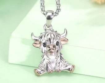 Highland Cow Necklace 925 Sterling Silver Cute Scottish Cow Pendant, Animal Lover Gift, Cow Jewelry for Women