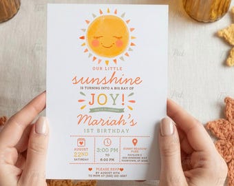 Invitación de primer cumpleaños Sunshine: Primer viaje alrededor del sol estilo boho, plantilla editable - (Descarga digital) SUN01