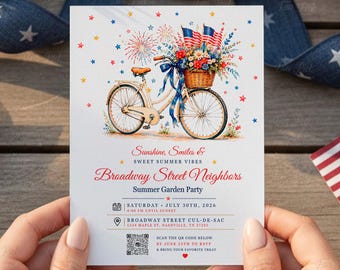 Summer garden party invite: Patriotic chinoiserie floral vase, editable template (Digital download) IND03