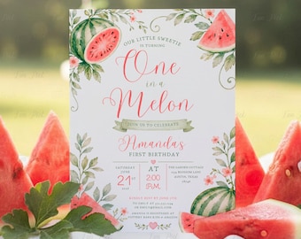 Invitación de primer cumpleaños con temática de sandía: sandía coqueta con lazo rosa, plantilla editable - (Descarga digital) FRU03