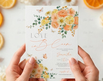 Invitación para despedida de soltera con temática cítrica: Invitación floral brillante en tonos limón y naranja, plantilla de Canva - (Descarga digital) PRI15